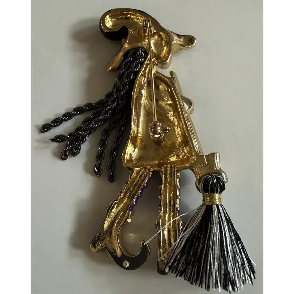 Funky Witch Brooch Pin Black Enamel Purple Rhinestone Broom Halloween Jewelry